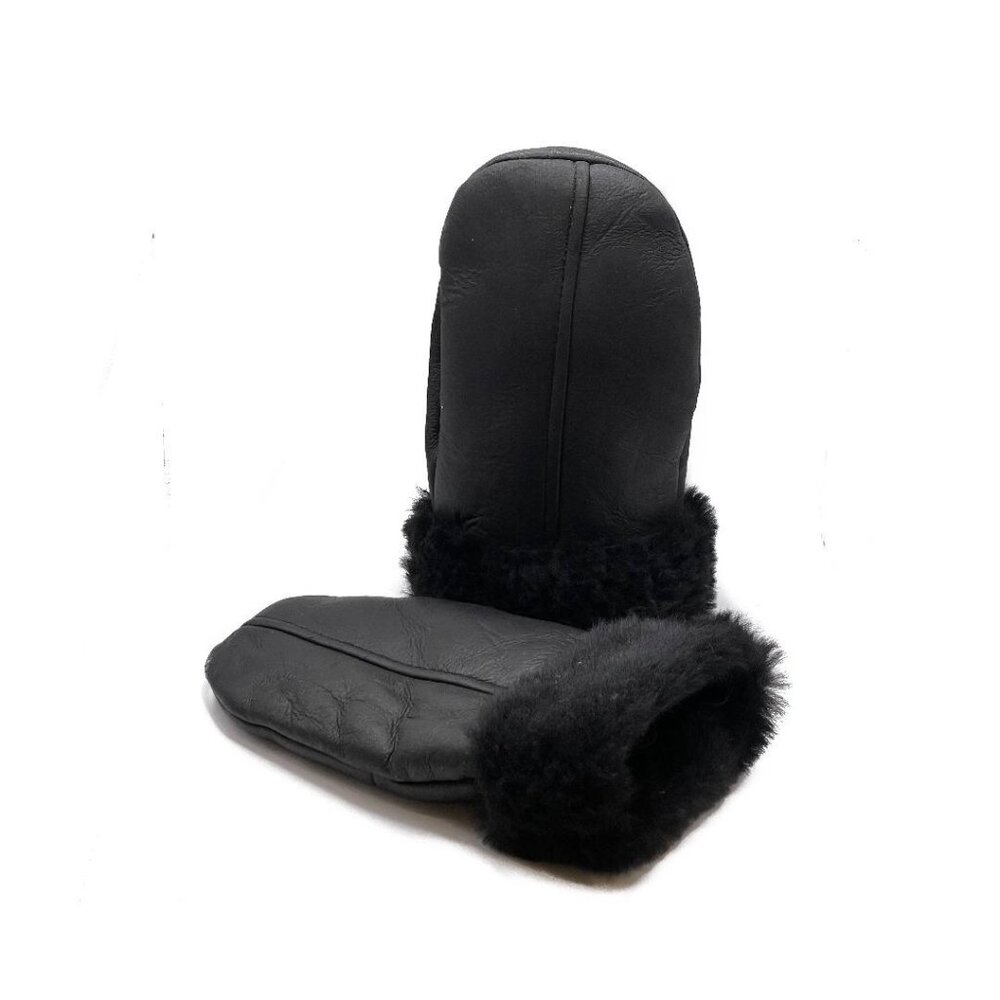 Black Shearling Sheepskin Leather Mittens – Unisex Winter Fur Mittens